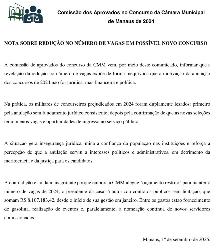 concurso, cmm, manaus, aprovados, redução, corte, vagas, comissão, ministério público, defensoria pública